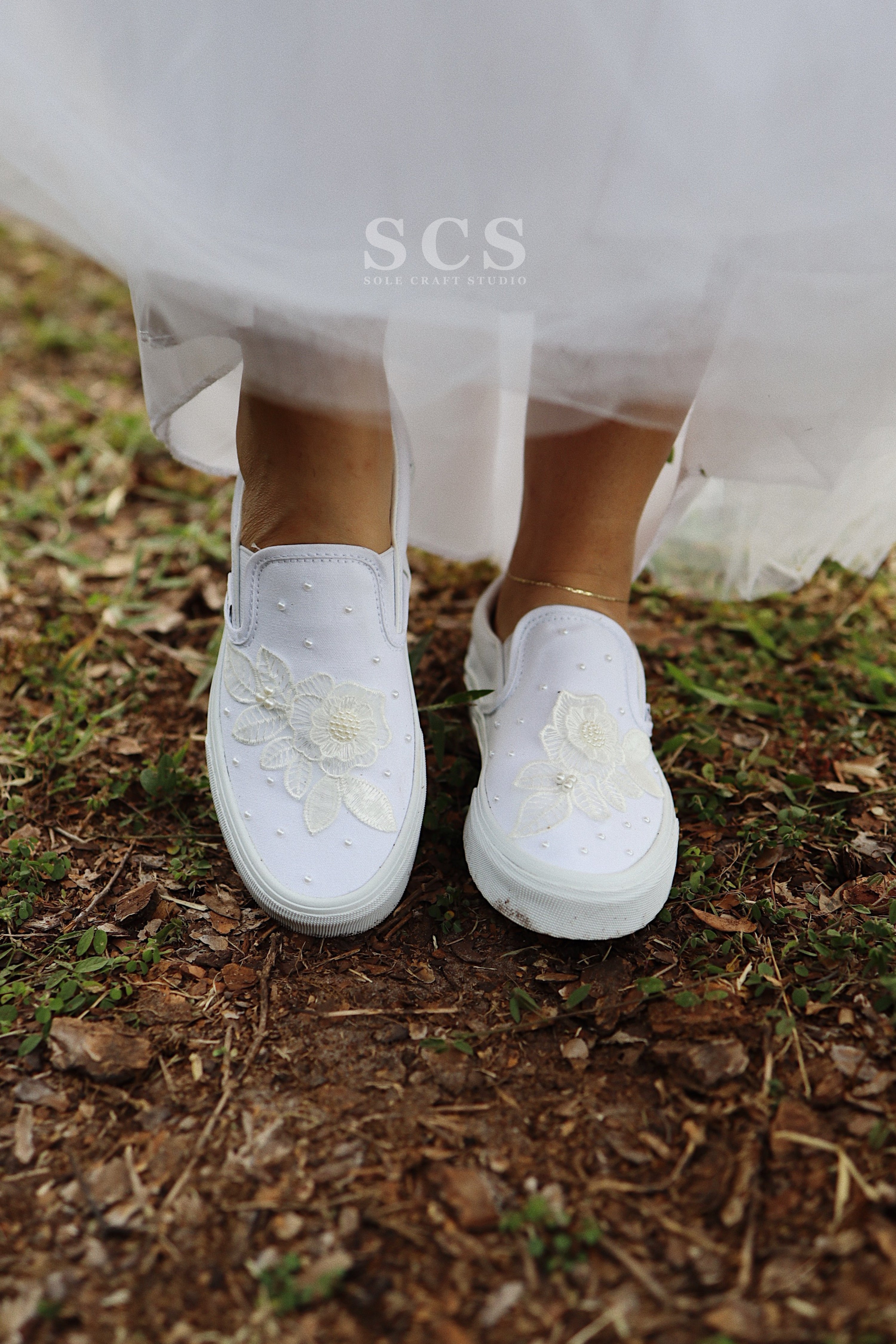 Vans Bridal Shoes Wedding Slip On Shoes solecraftstudio 8.5 Lettering Embroidered Flower and Pearls As Pictured