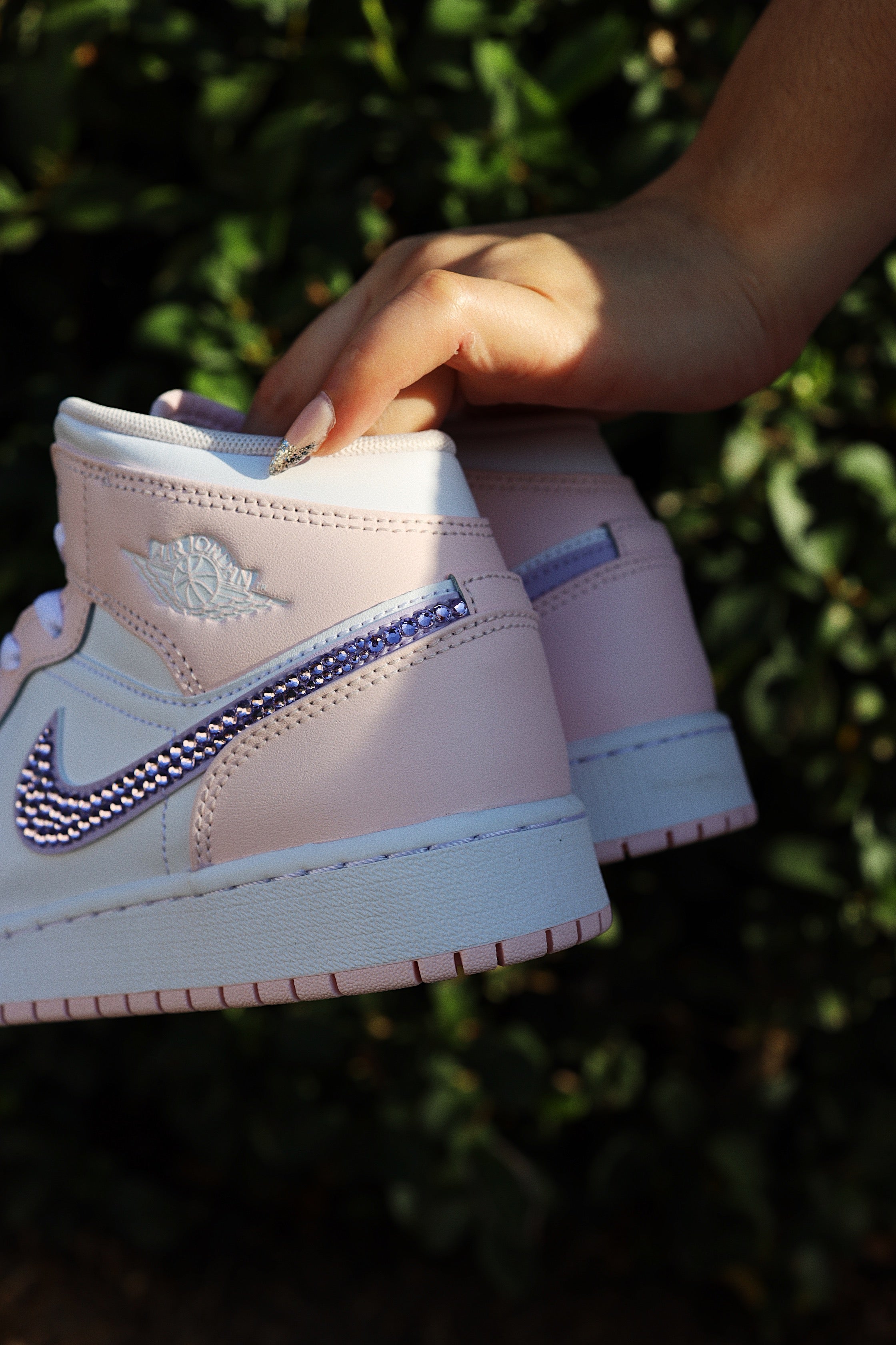 Blinged Air Jordan 1 Mid Light Pink and Purple Rhinestones White Women AJ1 Custom Sneakers