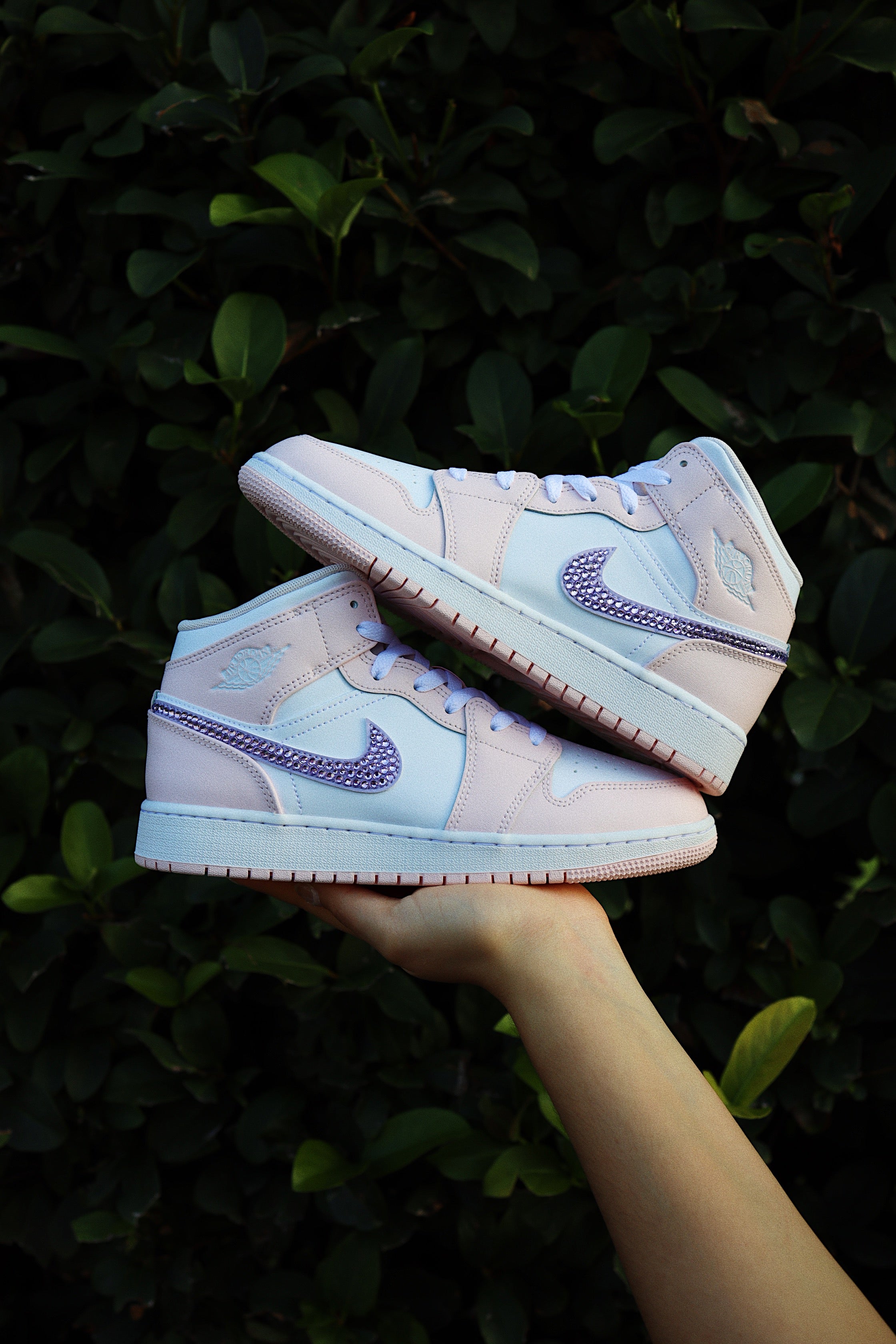 Blinged Air Jordan 1 Mid Light Pink and Purple Rhinestones White Women AJ1 Custom Sneakers