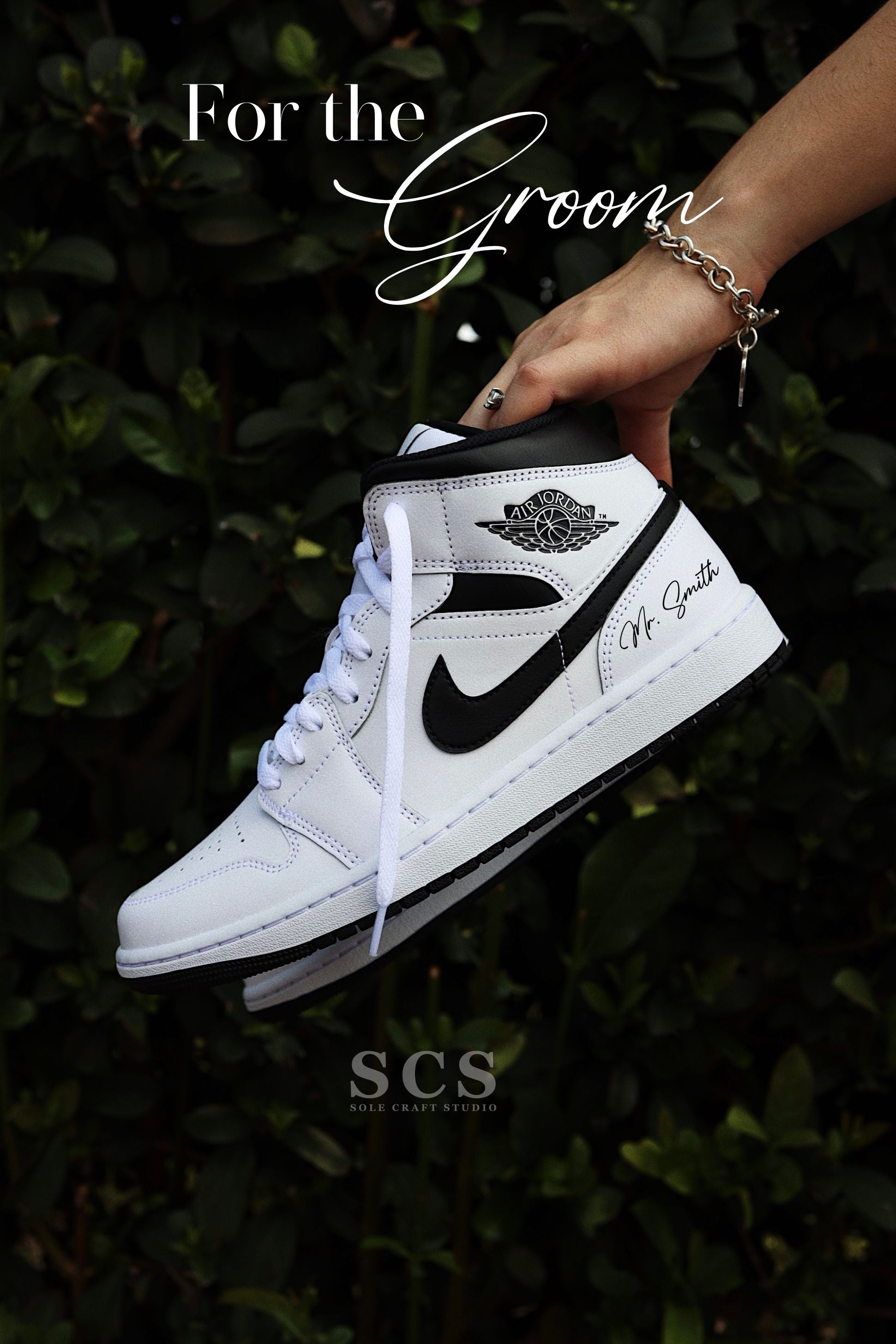 Groom Wedding Jordans | Air Jordan 1 Mid Black Swoosh | solecraftstudio