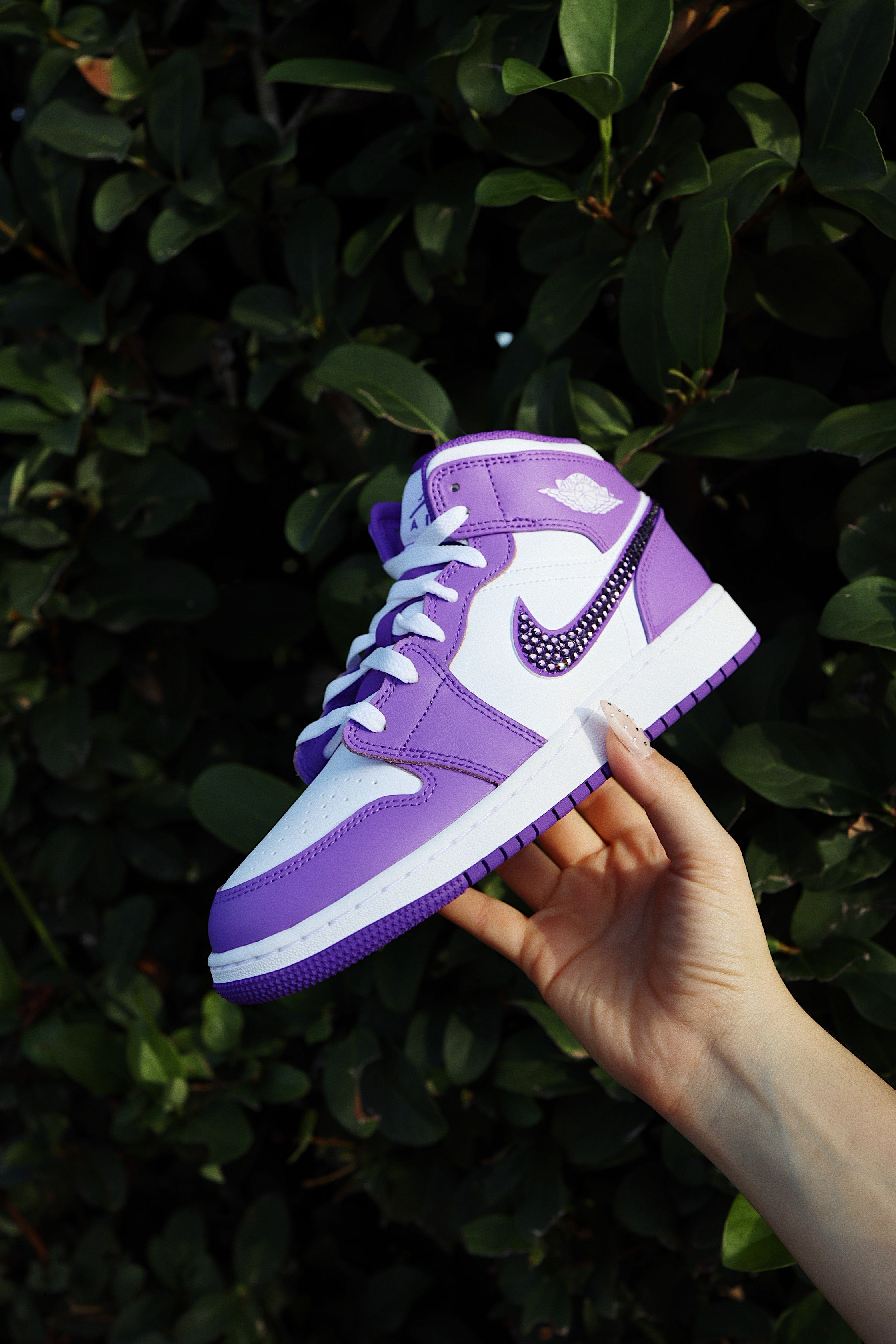 Blinged Air Jordan 1 Mid Purple Rhinestones White Women AJ1 Custom Sne solecraftstudio