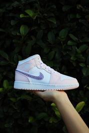 Blinged Air Jordan 1 Mid Light Pink and Purple Rhinestones White Women AJ1 Custom Sneakers