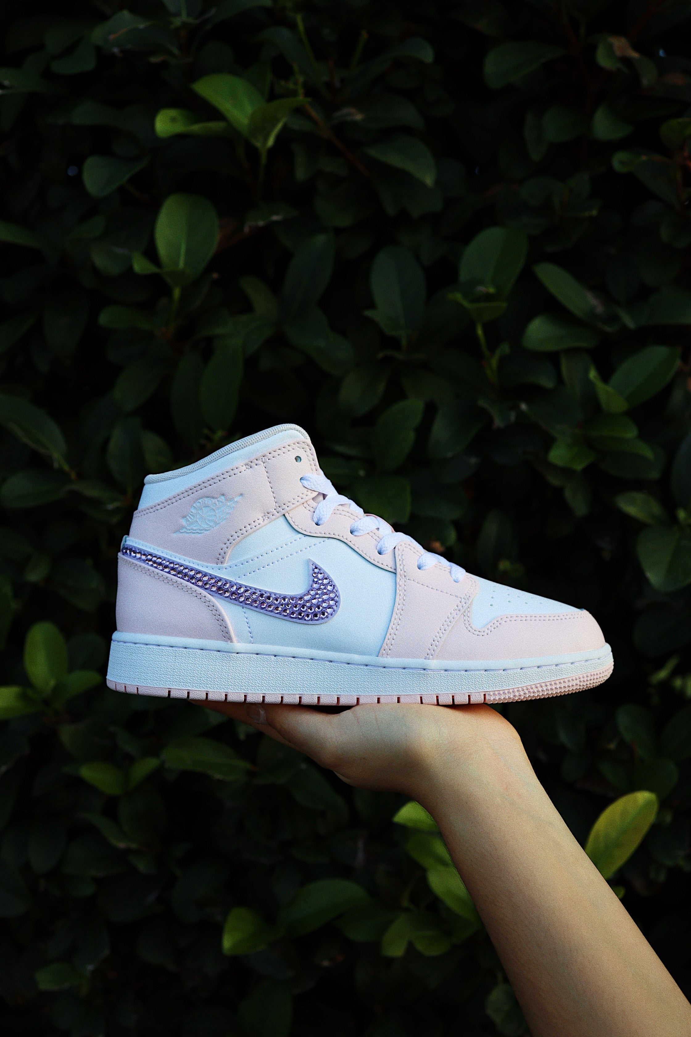 Blinged Air Jordan 1 Mid Light Pink and Purple Rhinestones White Women AJ1 Custom Sneakers
