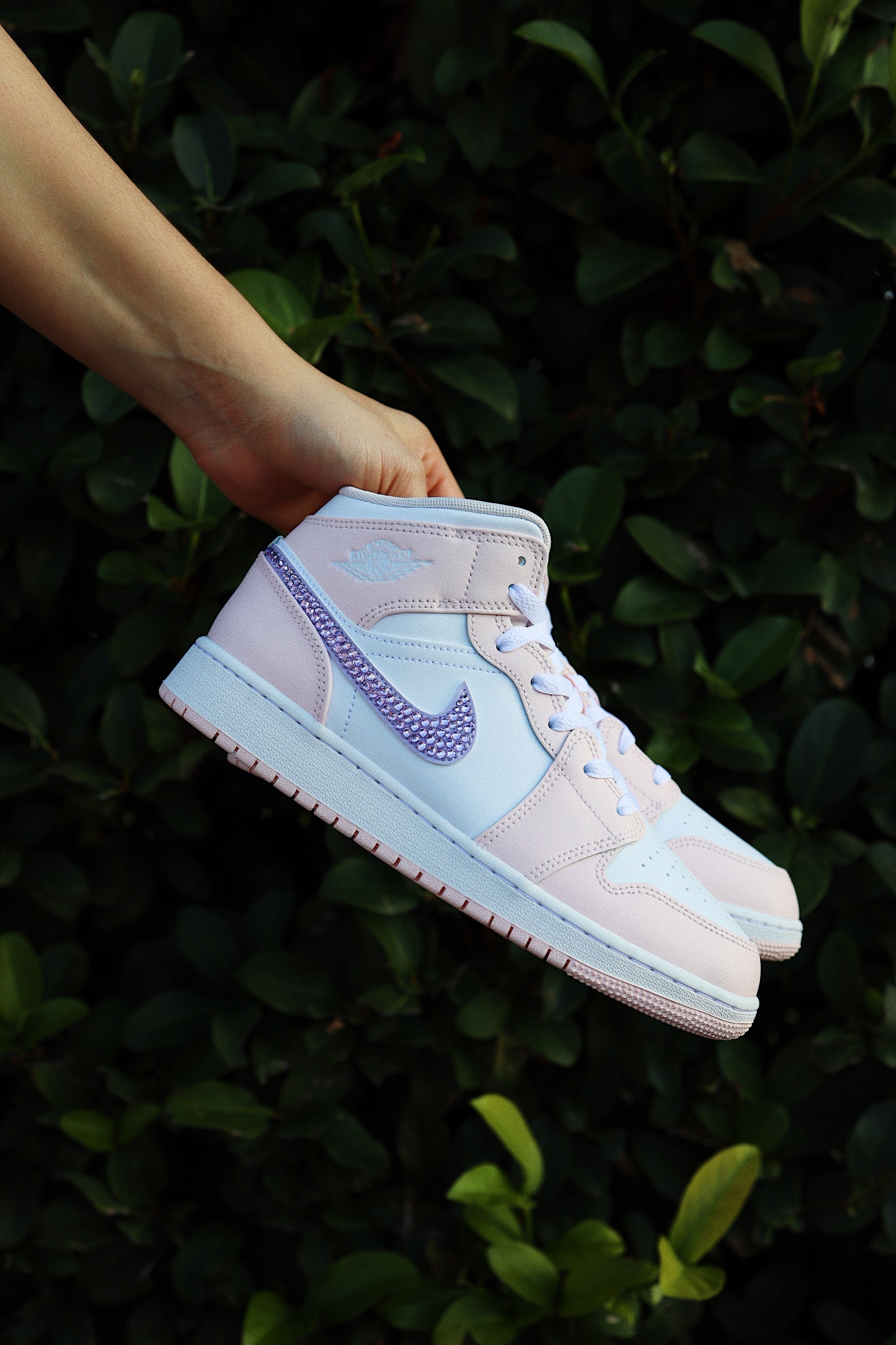 Blinged Air Jordan 1 Mid Light Pink and Purple Rhinestones White Women AJ1 Custom Sneakers