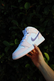 Blinged Air Jordan 1 Mid Light Pink and Purple Rhinestones White Women AJ1 Custom Sneakers
