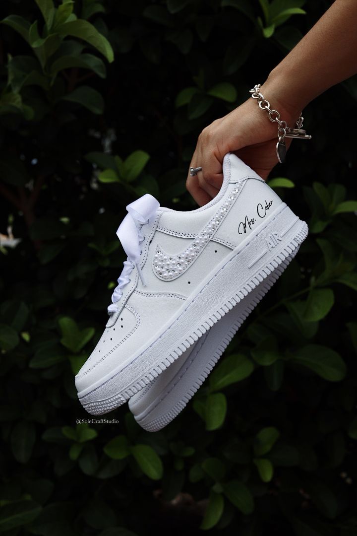 Wedding Sneakers for Bride Personalized Bridal Shoes Air Force 1 Rhinestone Crystals and White Pearl Mix, In Hand, Side View