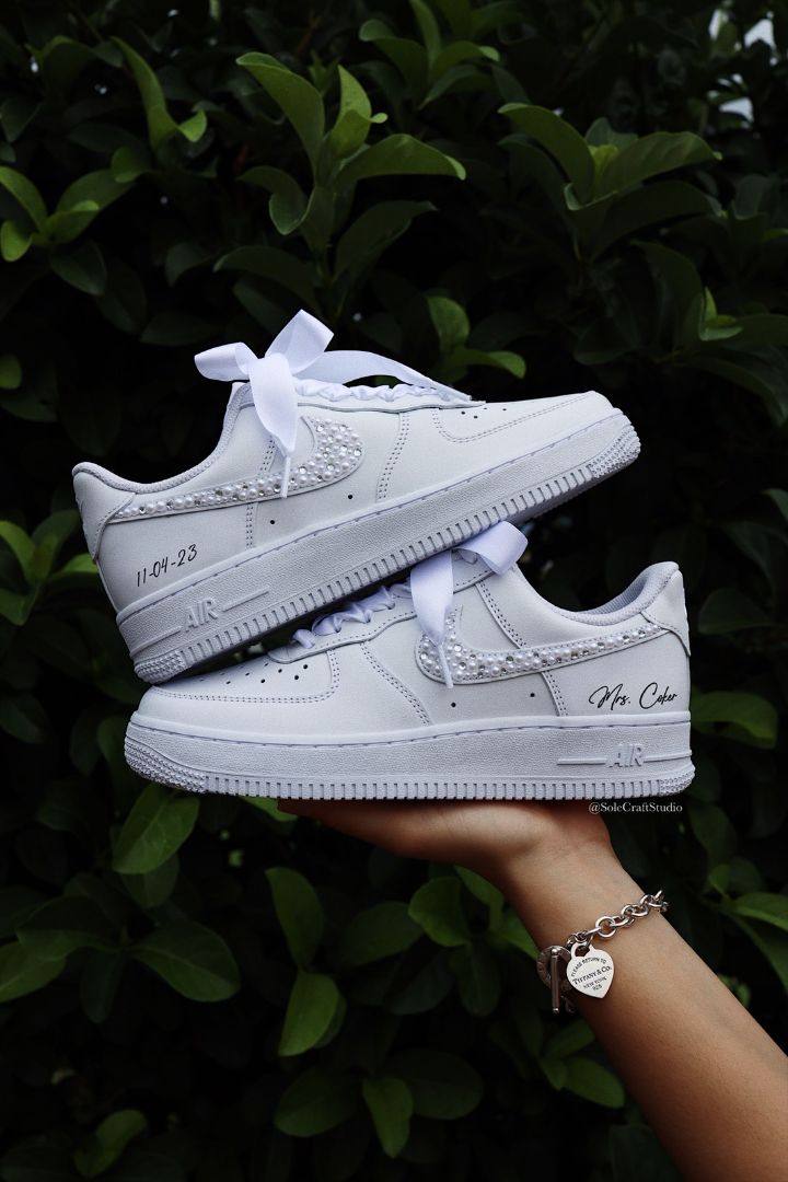 Wedding Sneakers for Bride Personalized Bridal Shoes Air Force 1 Rhinestone Crystals and White Pearl Mix, In Hand, Side View, Name and Date Displayed