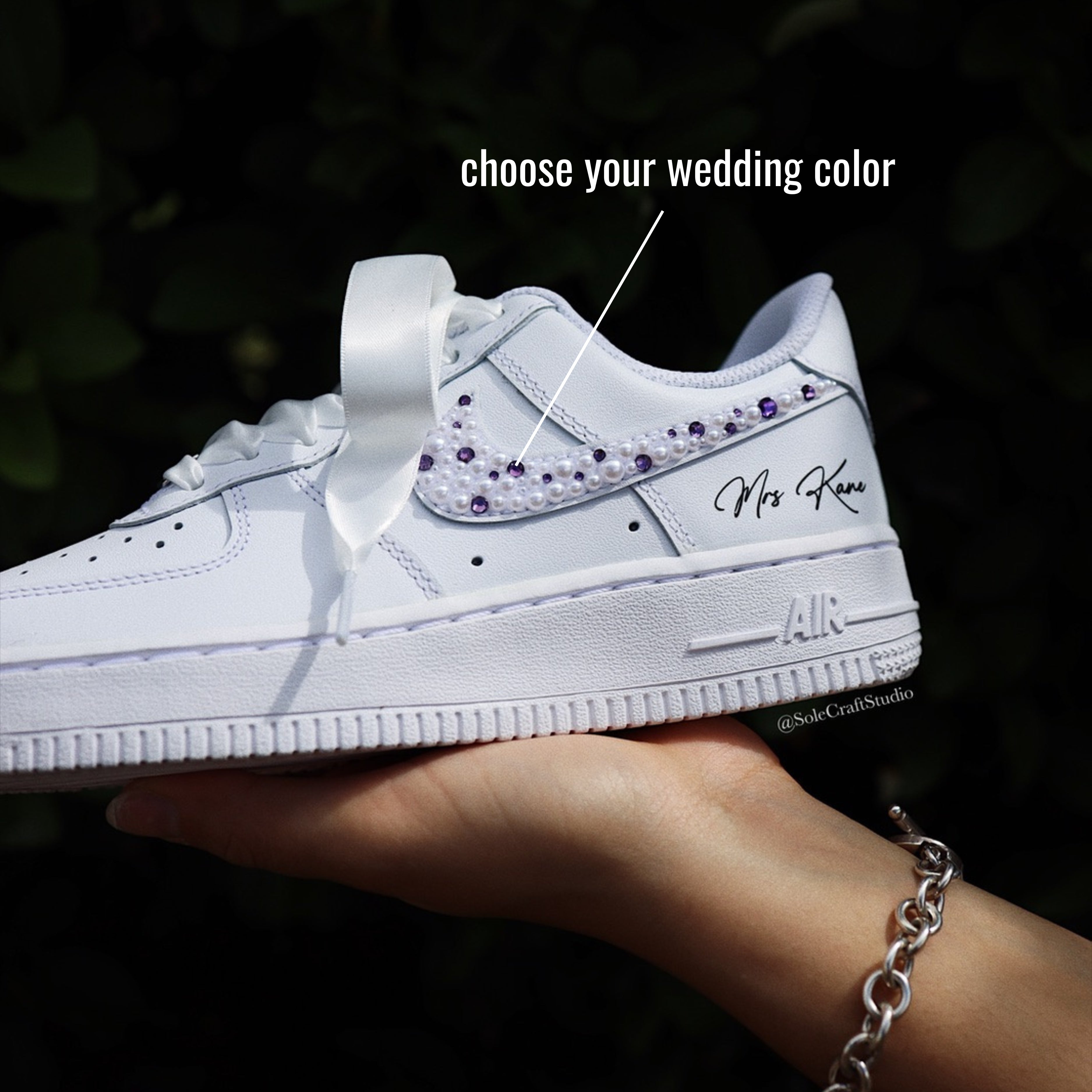 Wedding Sneakers for Bride Personalized Bridal Shoes Air Force 1 Rhinestone Crystals and White Pearl Mix Color Options, In Hand, Side View