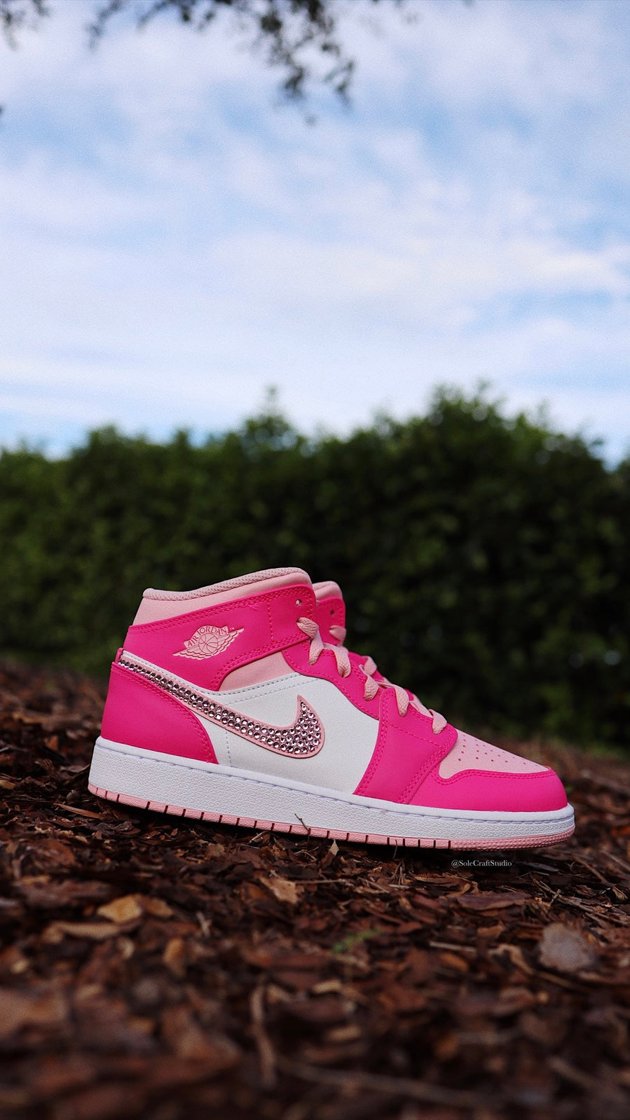 Pink Air Jordans - Blinged Air Jordan 1 Mid Hot Pink Custom Sneakers