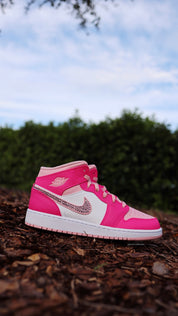 Pink Air Jordans - Blinged Air Jordan 1 Mid Hot Pink Custom Sneakers