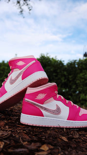 Pink Air Jordans - Blinged Air Jordan 1 Mid Hot Pink Custom Sneakers