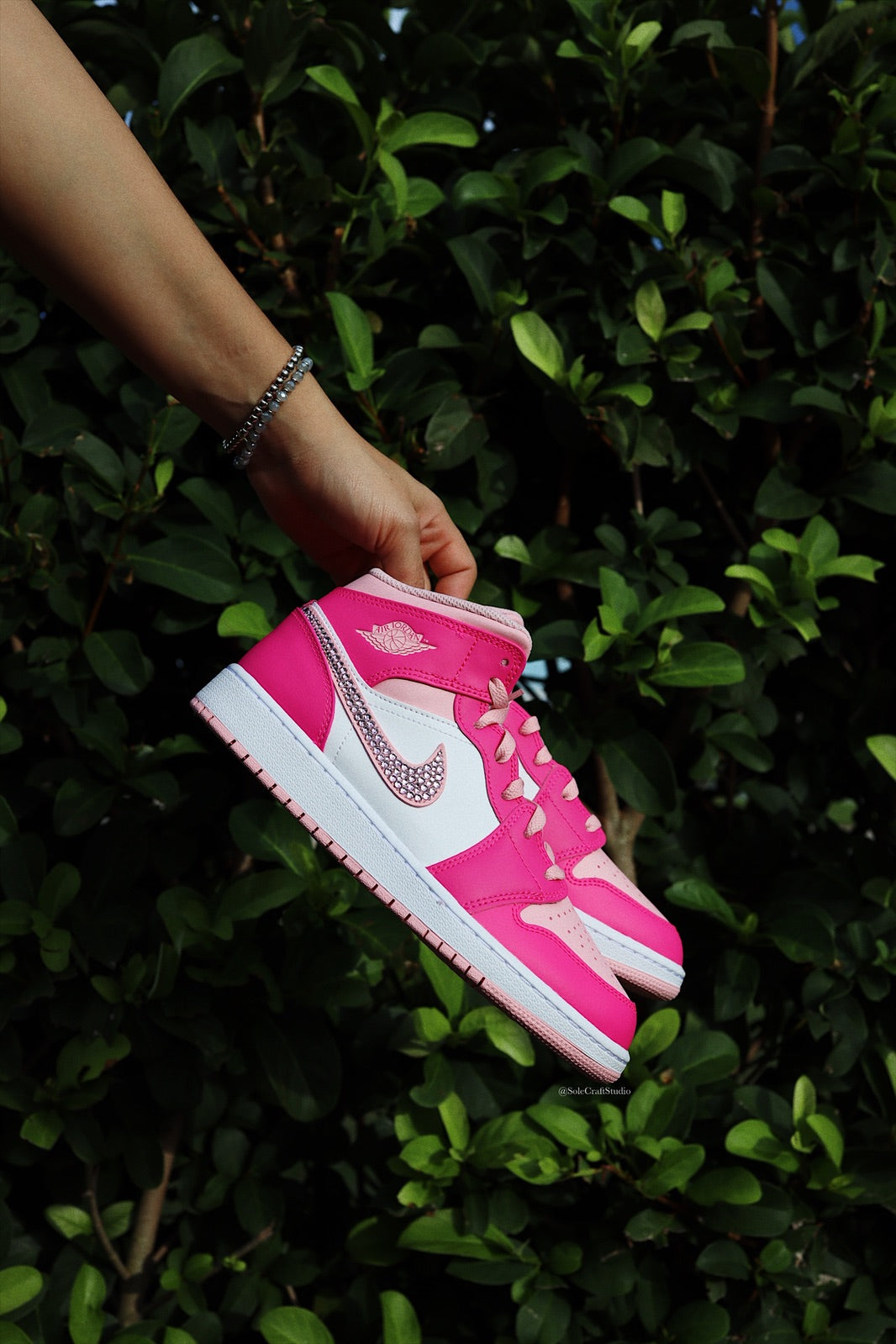 Pink Air Jordans - Blinged Air Jordan 1 Mid Hot Pink Custom Sneakers