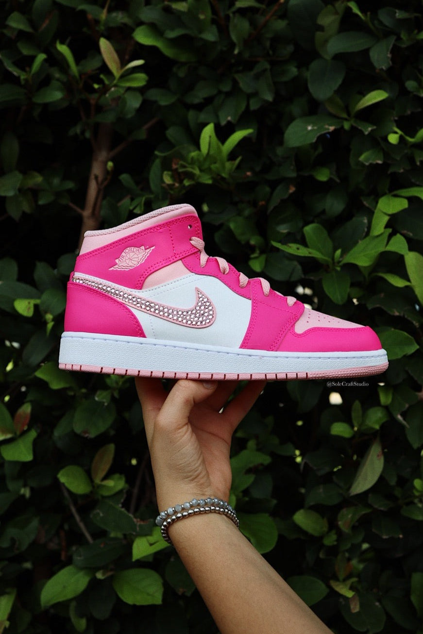 Pink Air Jordans - Blinged Air Jordan 1 Mid Hot Pink Custom Sneakers