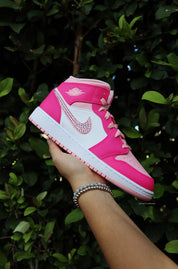 Pink Air Jordans - Blinged Air Jordan 1 Mid Hot Pink Custom Sneakers