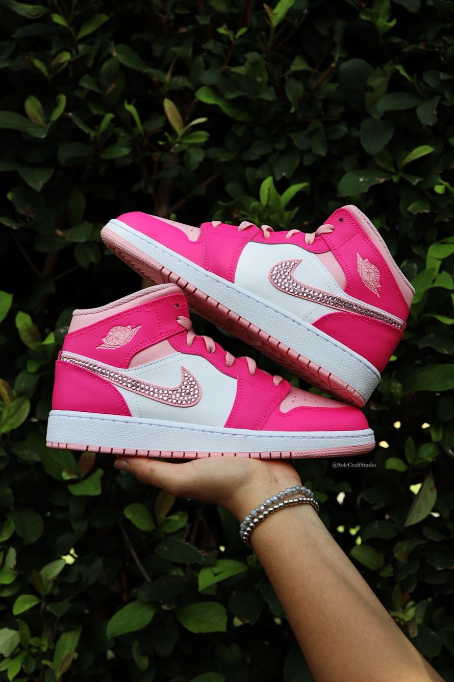 Pink Air Jordans - Blinged Air Jordan 1 Mid Hot Pink Custom Sneakers