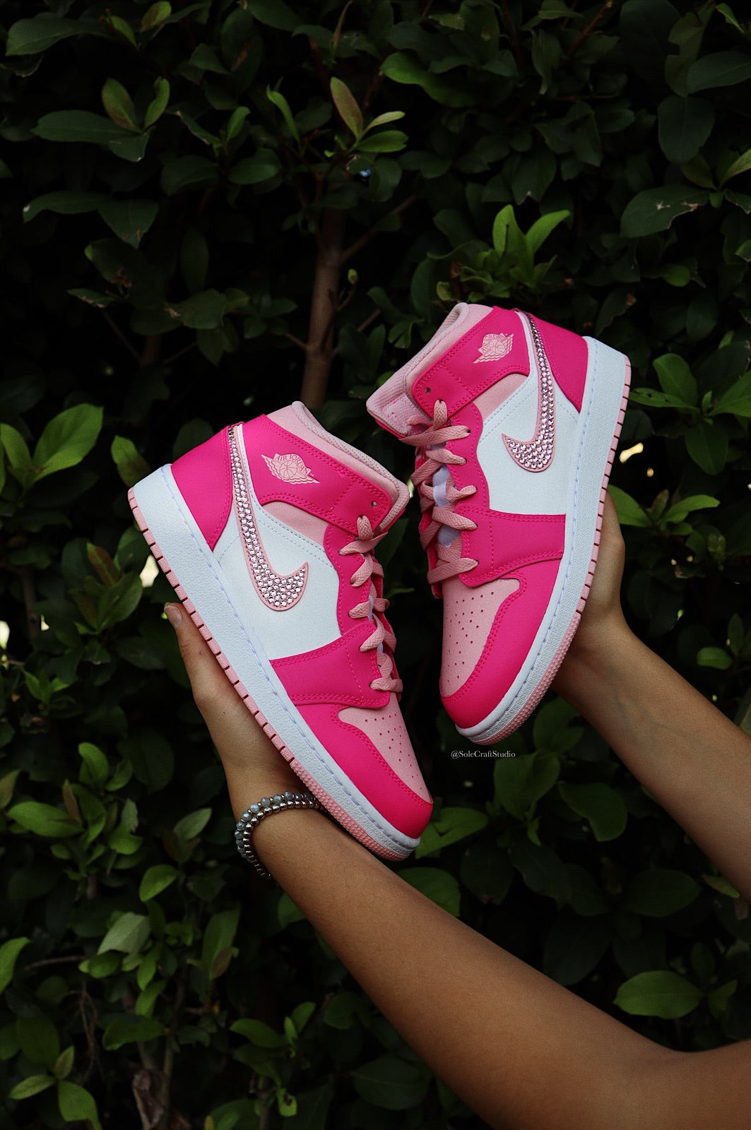 Pink Air Jordans - Blinged Air Jordan 1 Mid Hot Pink Custom Sneakers
