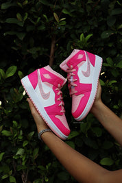 Pink Air Jordans - Blinged Air Jordan 1 Mid Hot Pink Custom Sneakers