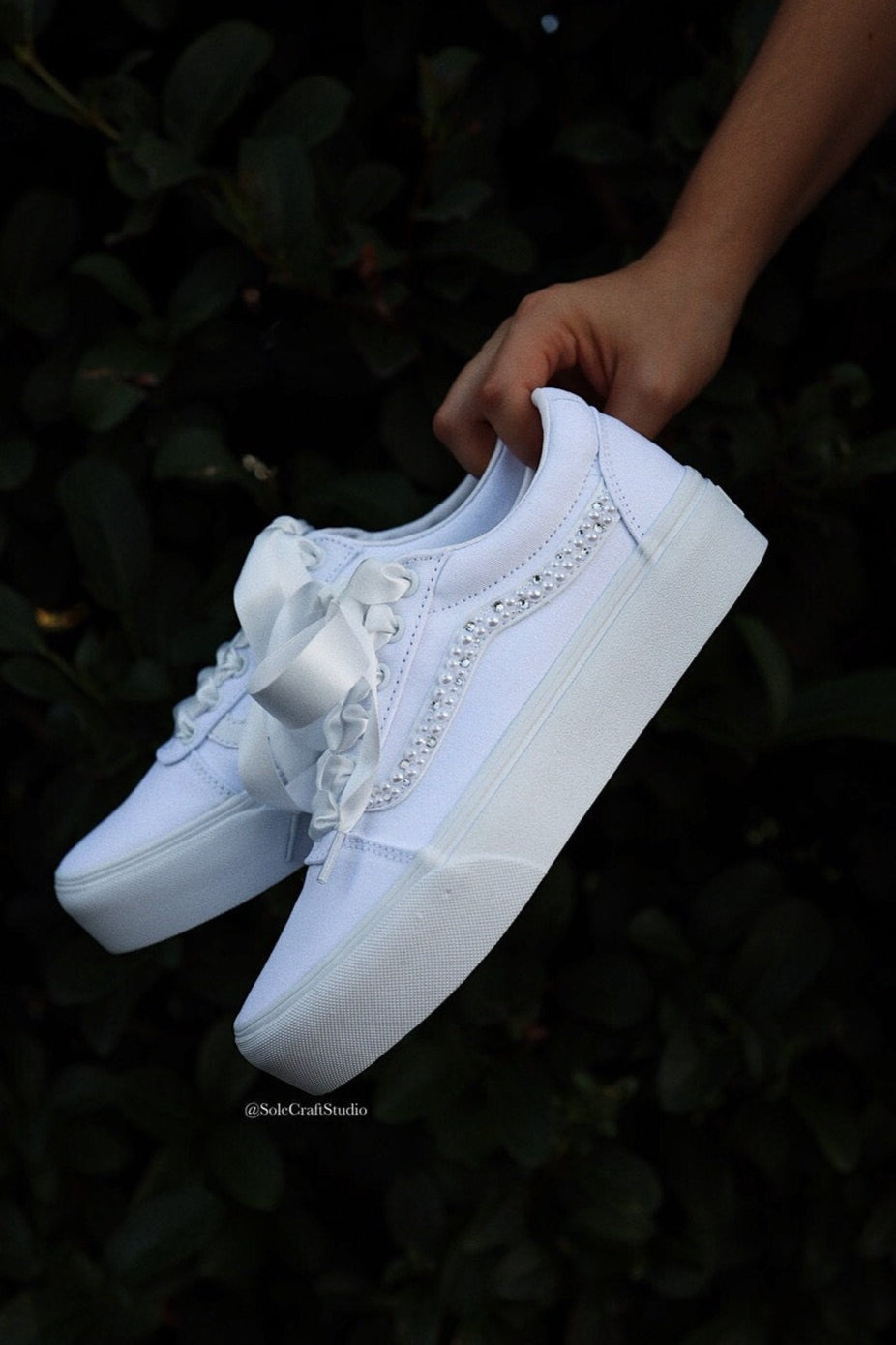 Wedding Sneakers for Bride Personalized Bridal Shoes Vans Old Skool Rhinestone Crystals and White Pearl Mix, In Hand, Side View
