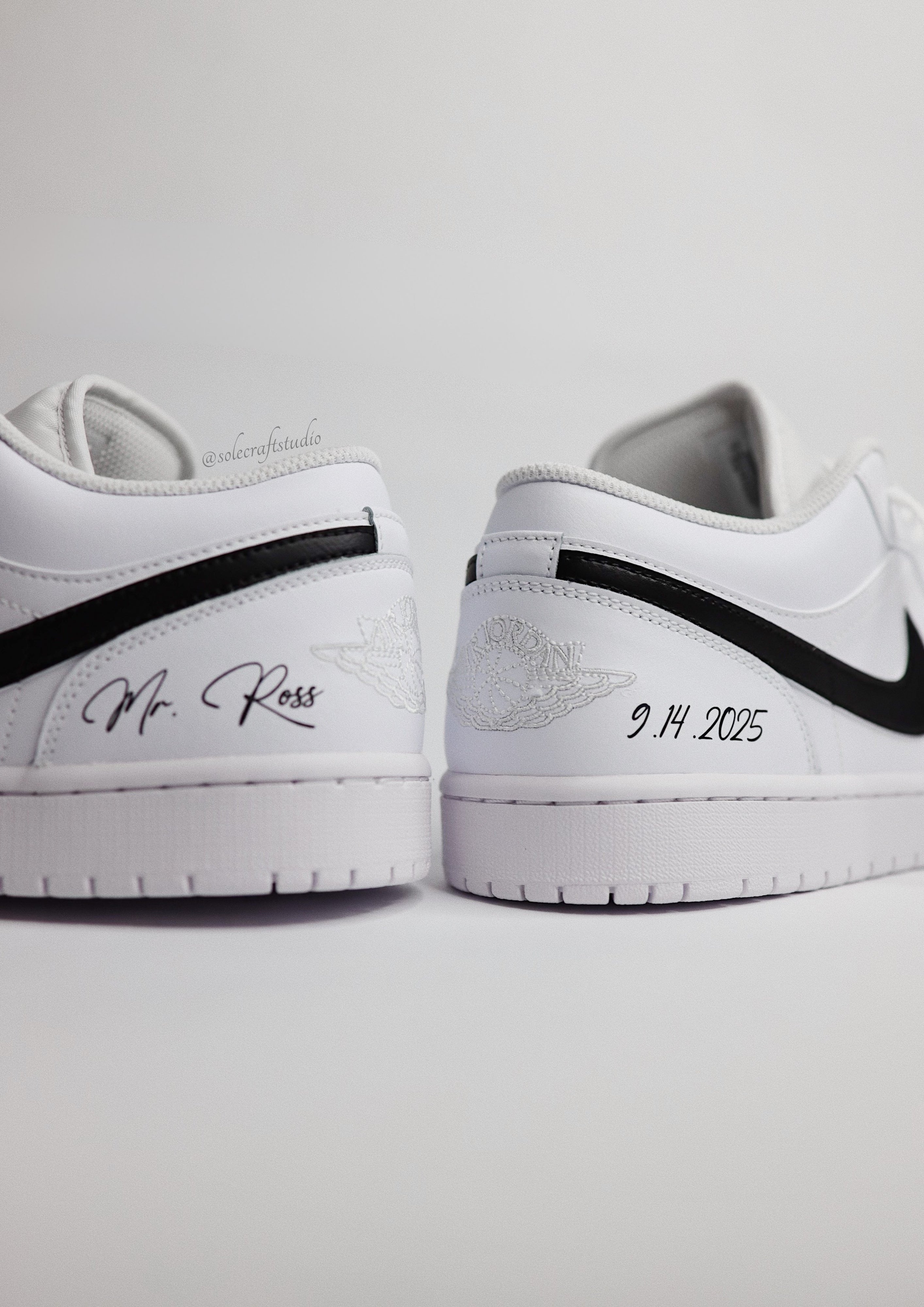 Groom Wedding Jordans | AJ1 Low Black Swoosh | solecraftstudio
