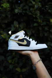 Blinged Air Jordan 1 Mid Gold Rhinestones Black Women AJ1 Custom Sneakers