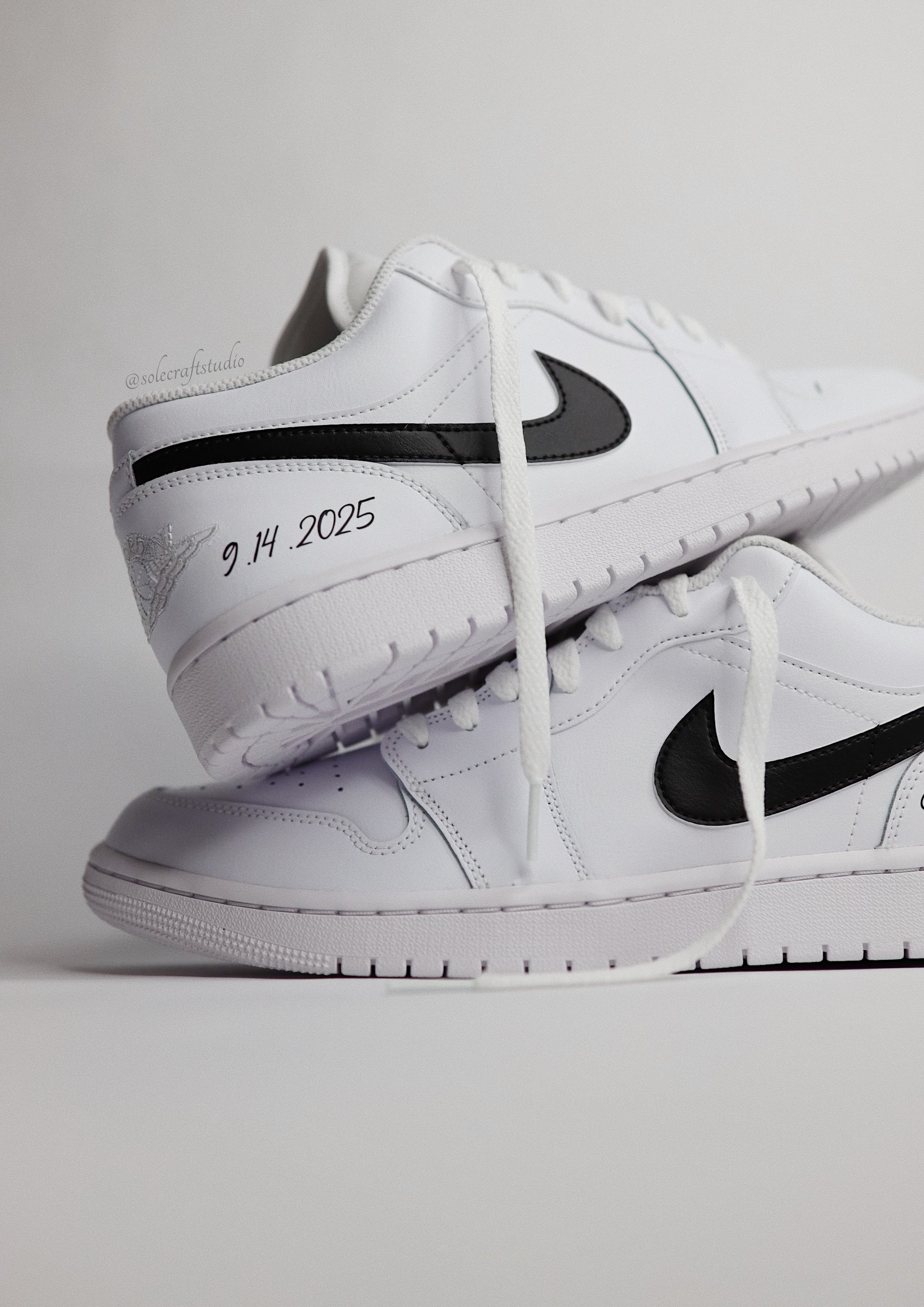 Groom Wedding Jordans | AJ1 Low Black Swoosh | solecraftstudio
