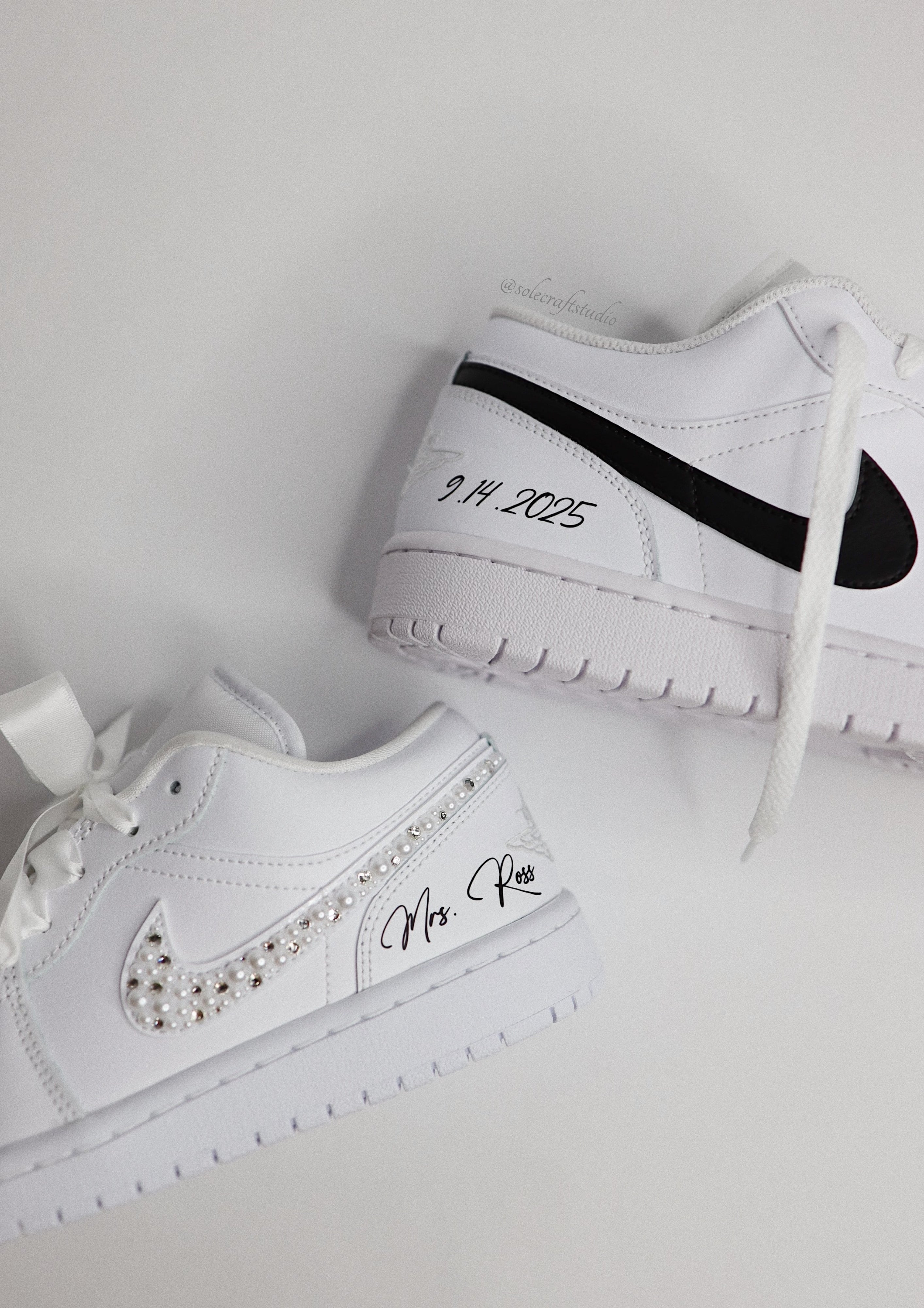 Groom and Bride Wedding Jordans | AJ1 Low Black Swoosh | solecraftstudio