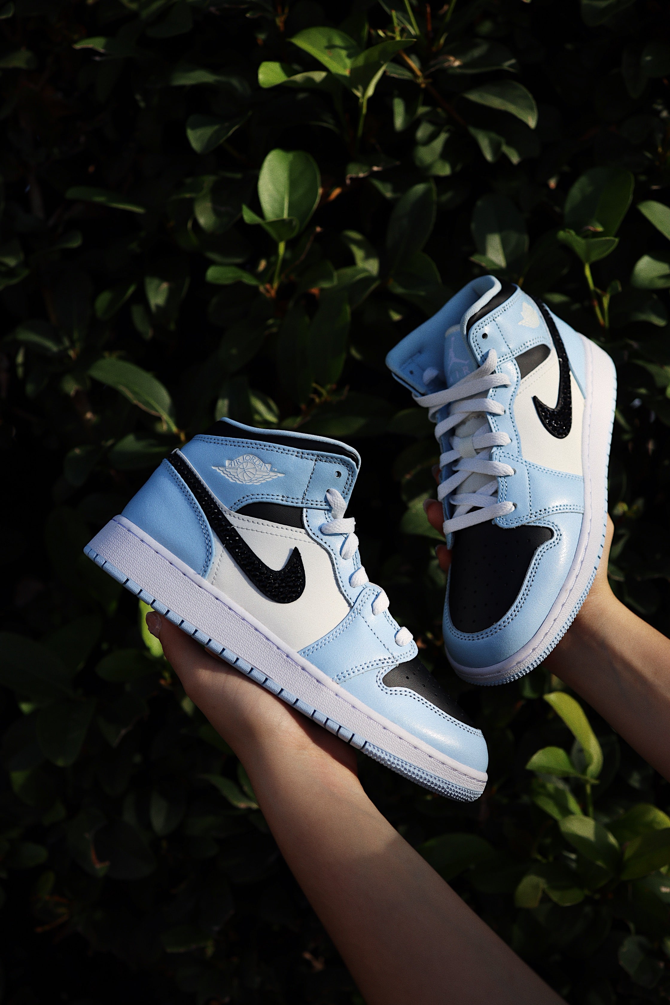 Women's Blue Jordans Blinged Air Jordan Mid Ice Blue Black