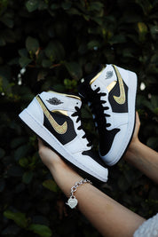 Blinged Air Jordan 1 Mid Gold Rhinestones Black Women AJ1 Custom Sneakers