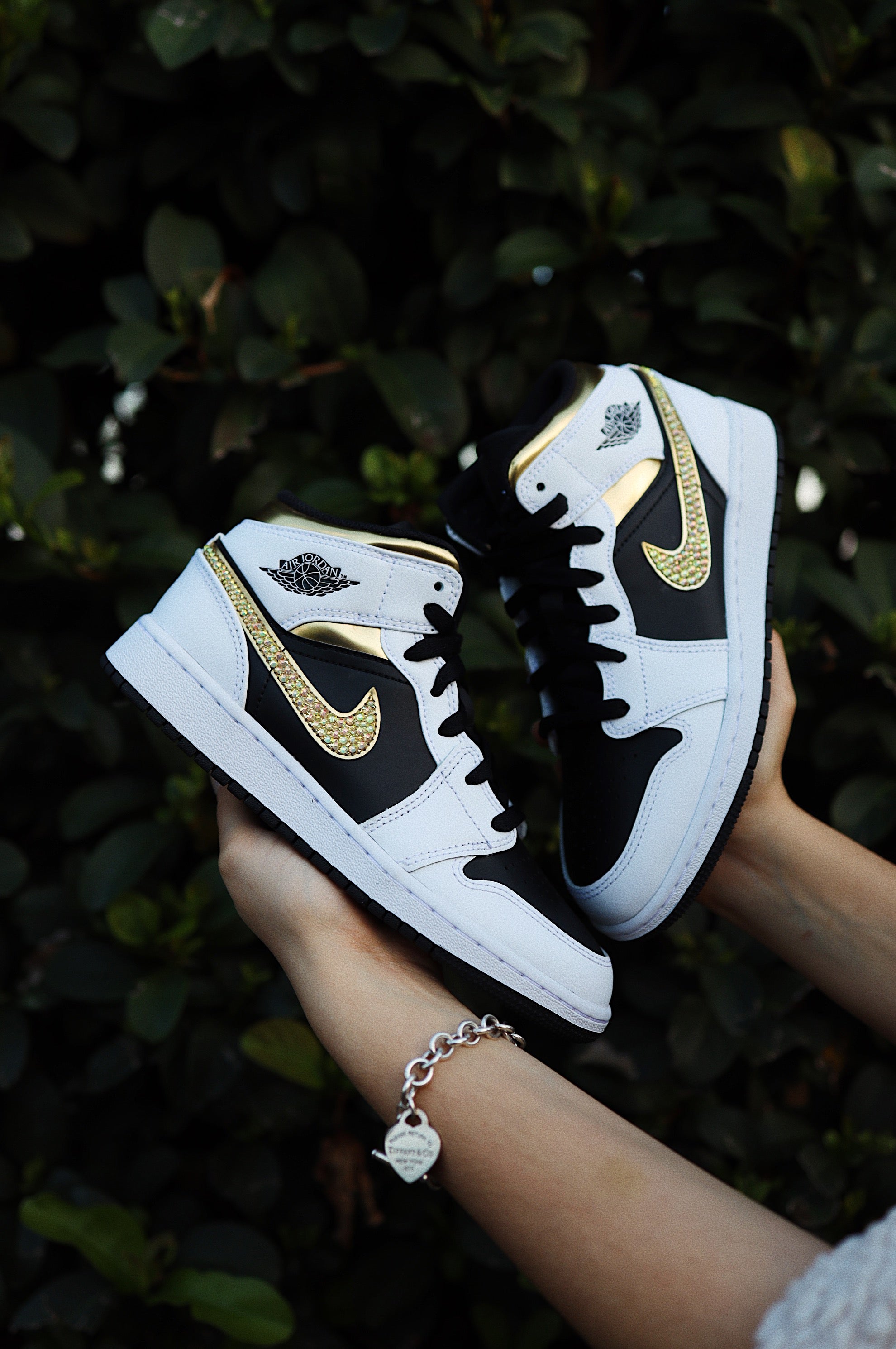 Blinged Air Jordan 1 Mid Gold Rhinestones Black Women AJ1 Custom Sneakers