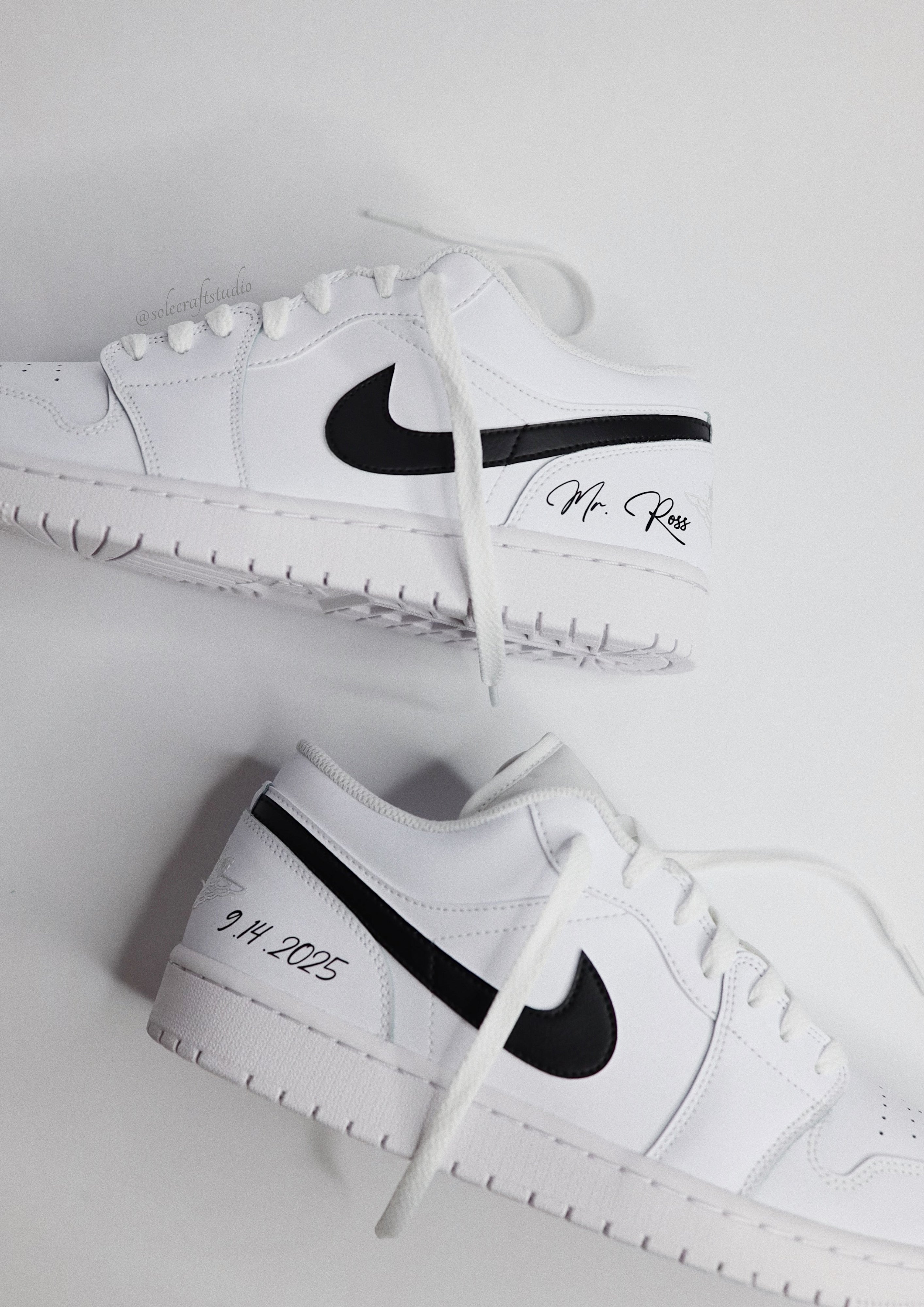 Groom Wedding Jordans | AJ1 Low Black Swoosh | solecraftstudio