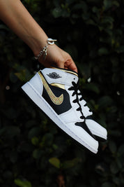 Blinged Air Jordan 1 Mid Gold Rhinestones Black Women AJ1 Custom Sneakers