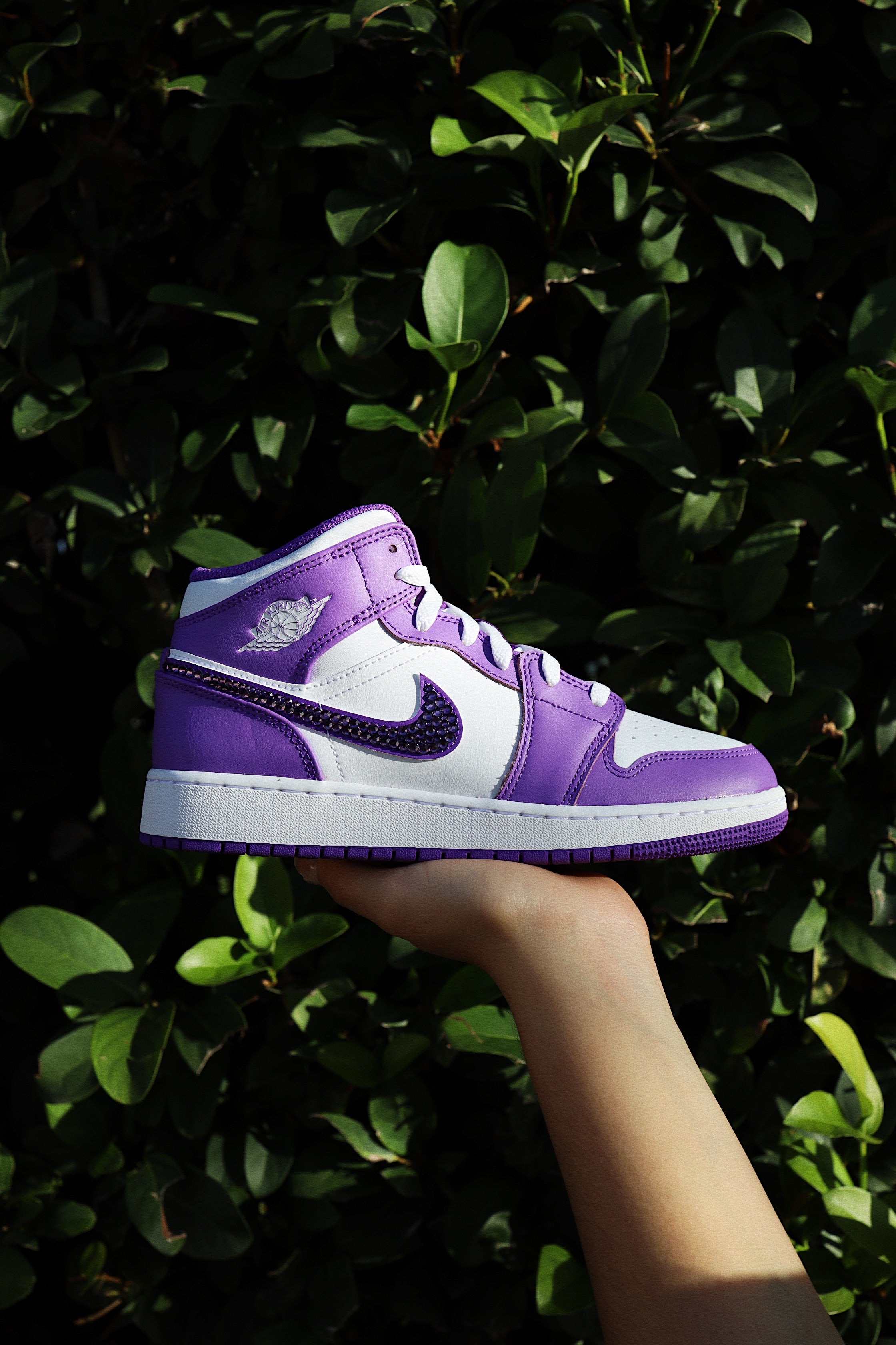 Blinged Air Jordan 1 Mid Purple Rhinestones White Women AJ1 Custom Sneakers