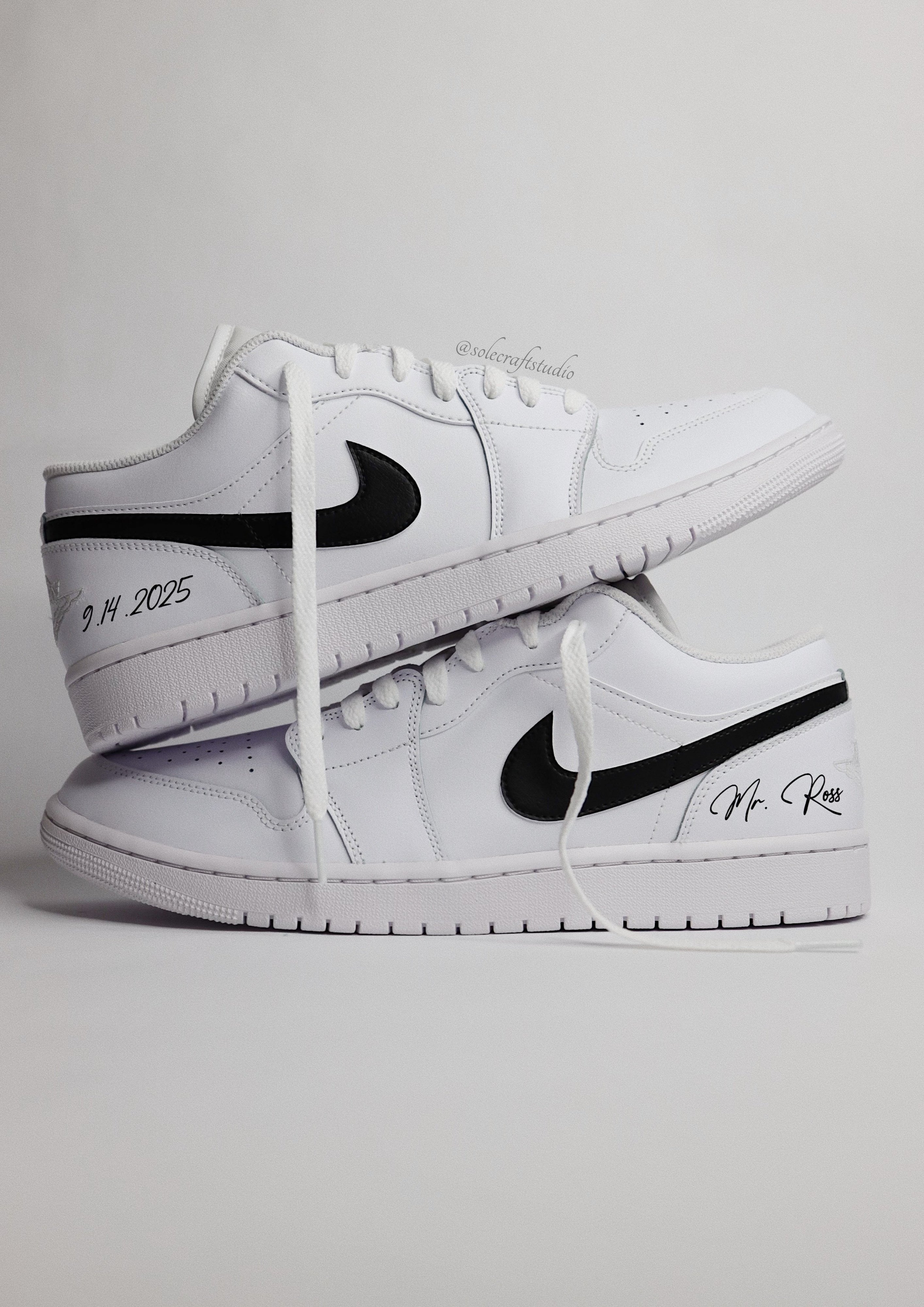 Groom Wedding Jordans | AJ1 Low Black Swoosh | solecraftstudio
