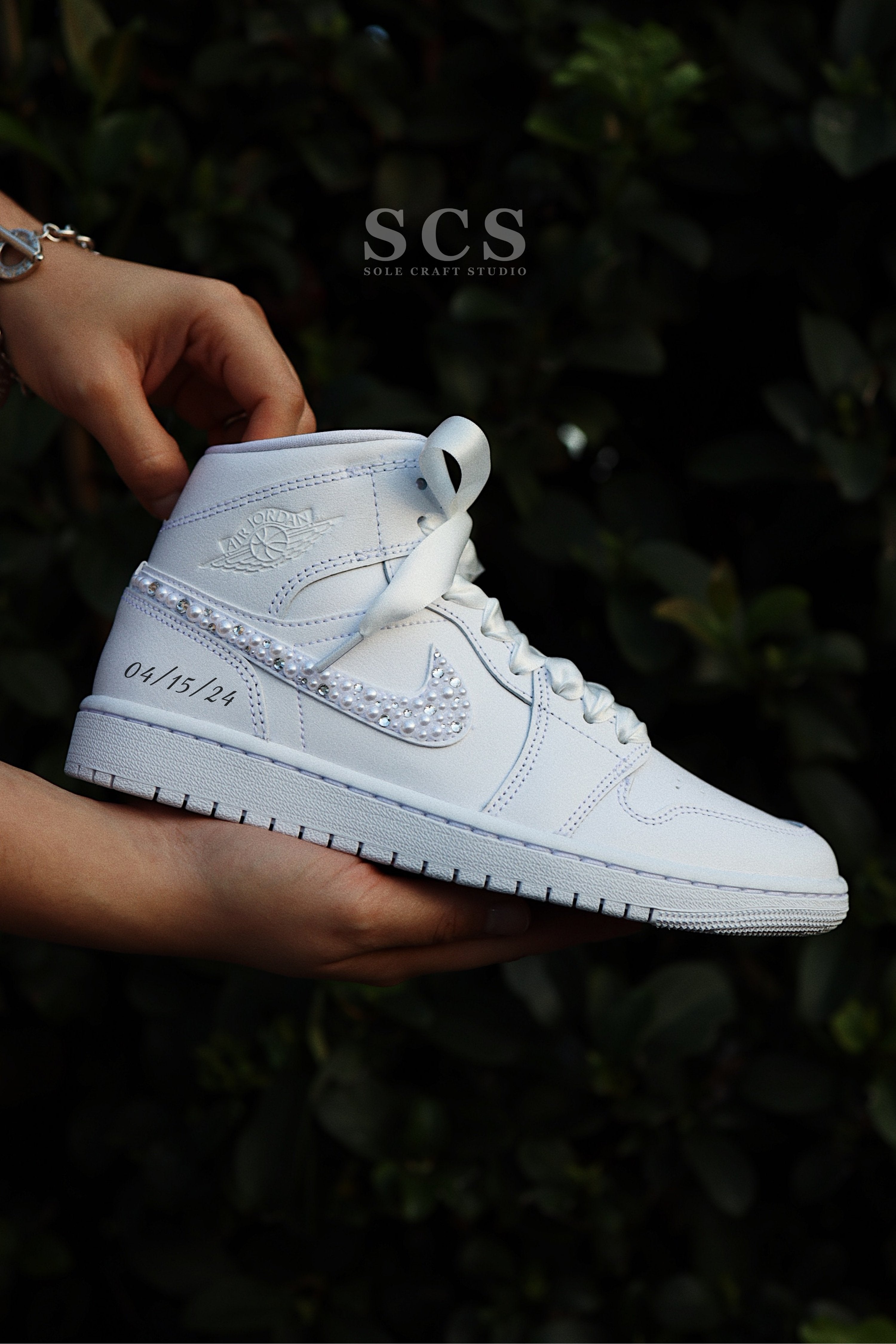 Custom Wedding Shoes Air Jordan 1 Sneakers solecraftstudio 10 4 Nike Swooshes Embellished Laces Includes Free Dust Bag Satin