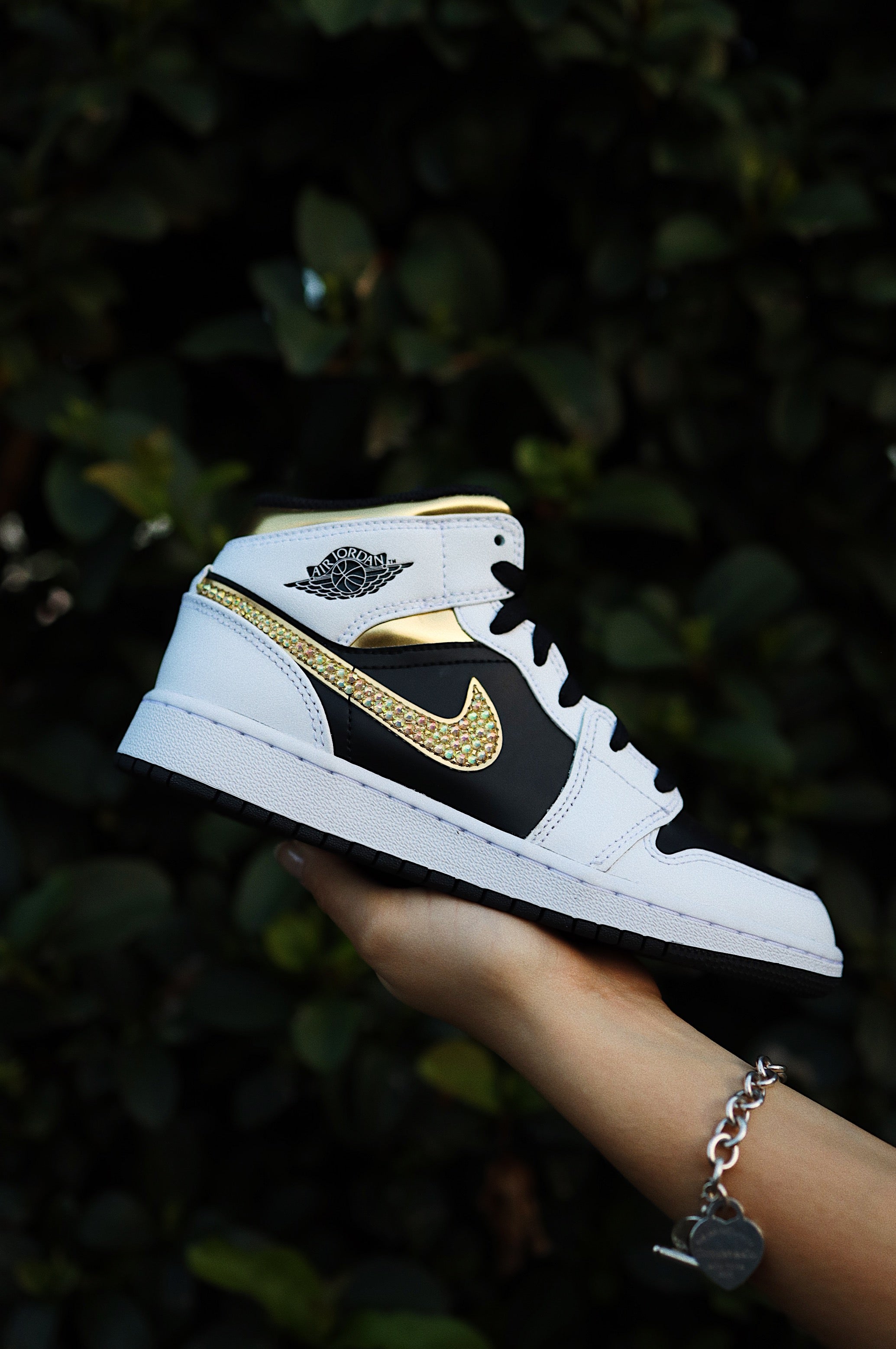 Blinged Air Jordan 1 Mid Gold Rhinestones Black Women AJ1 Custom Sneak solecraftstudio