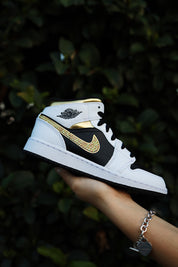 Blinged Air Jordan 1 Mid Gold Rhinestones Black Women AJ1 Custom Sneakers