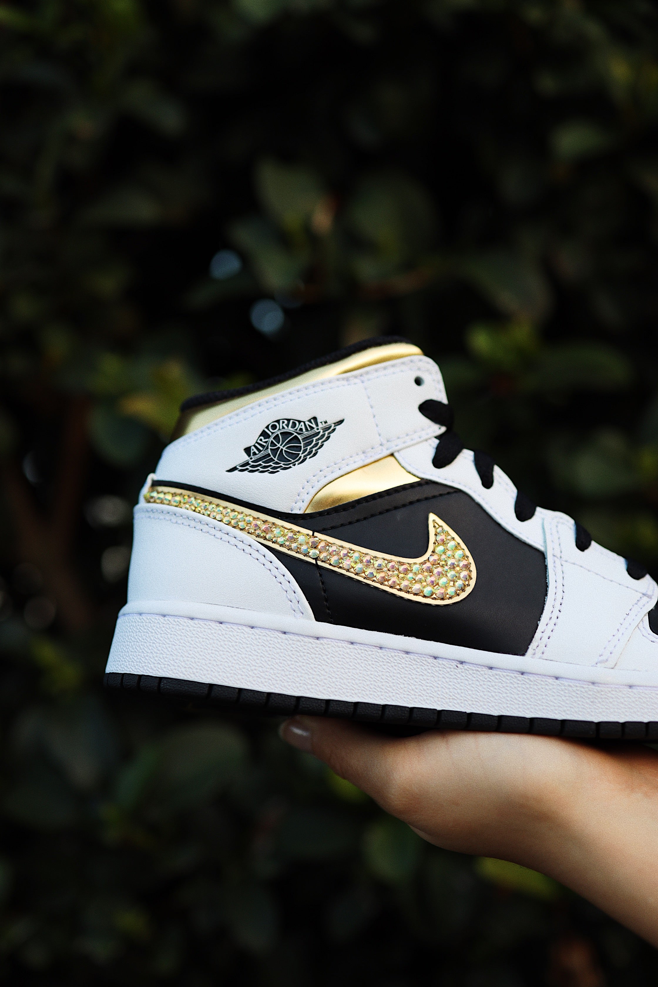 Blinged Air Jordan 1 Mid Gold Rhinestones Black Women AJ1 Custom Sneak solecraftstudio