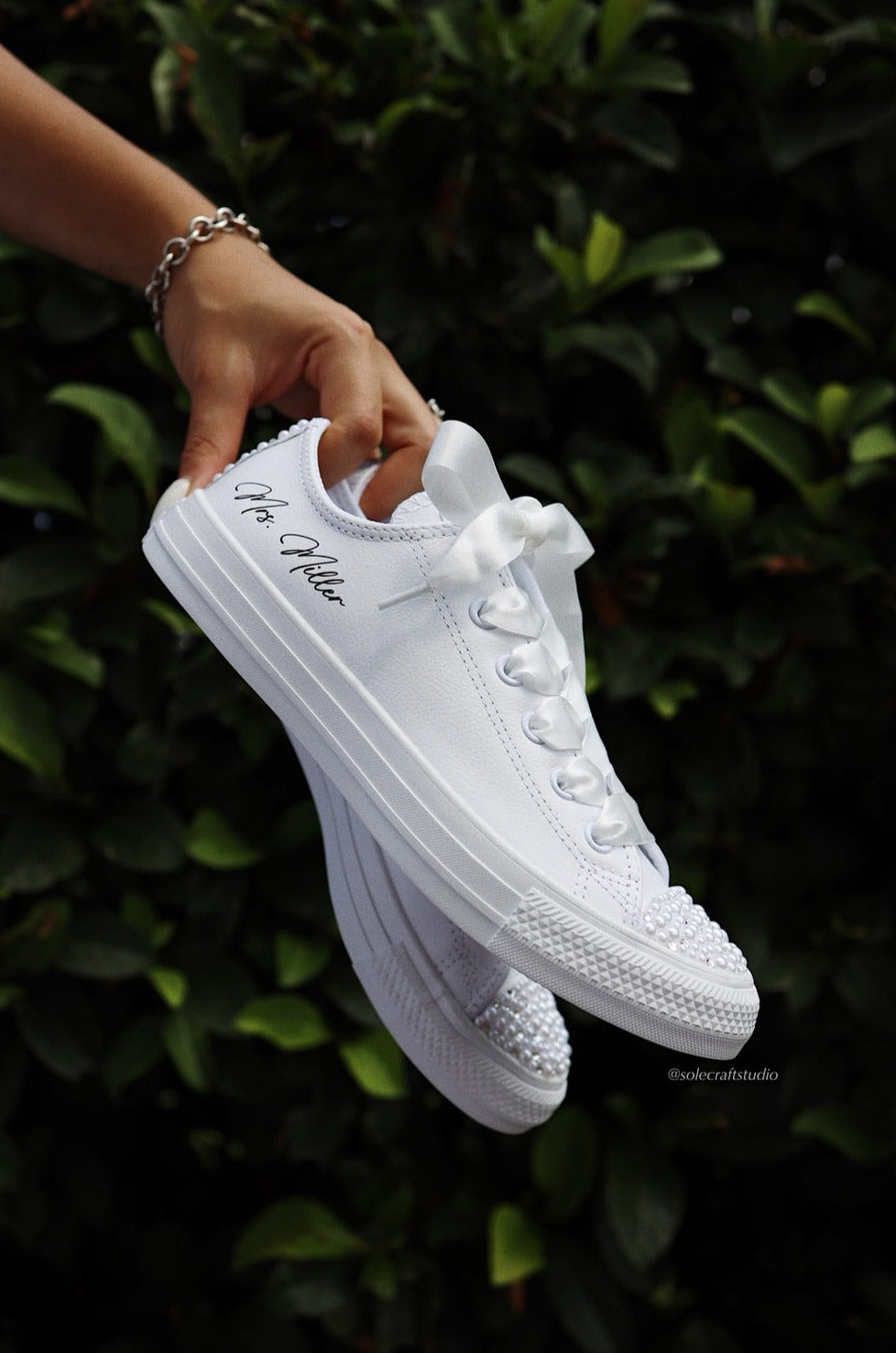 White Wedding Sneakers Low Top Shoes solecraftstudio 6 Rhinestone and Pearls On Toe and Heel Cap Laces As Pictured