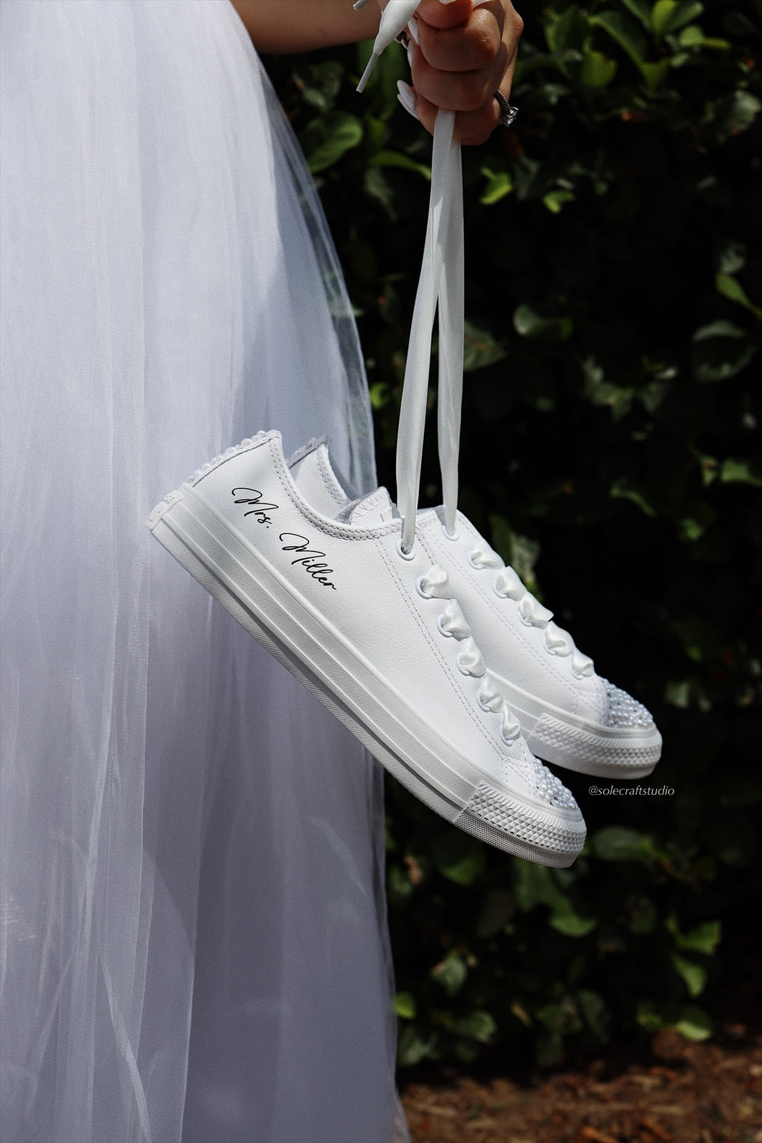 White Wedding Sneakers Low Top Shoes solecraftstudio 6 Rhinestone and Pearls On Toe and Heel Cap Laces As Pictured