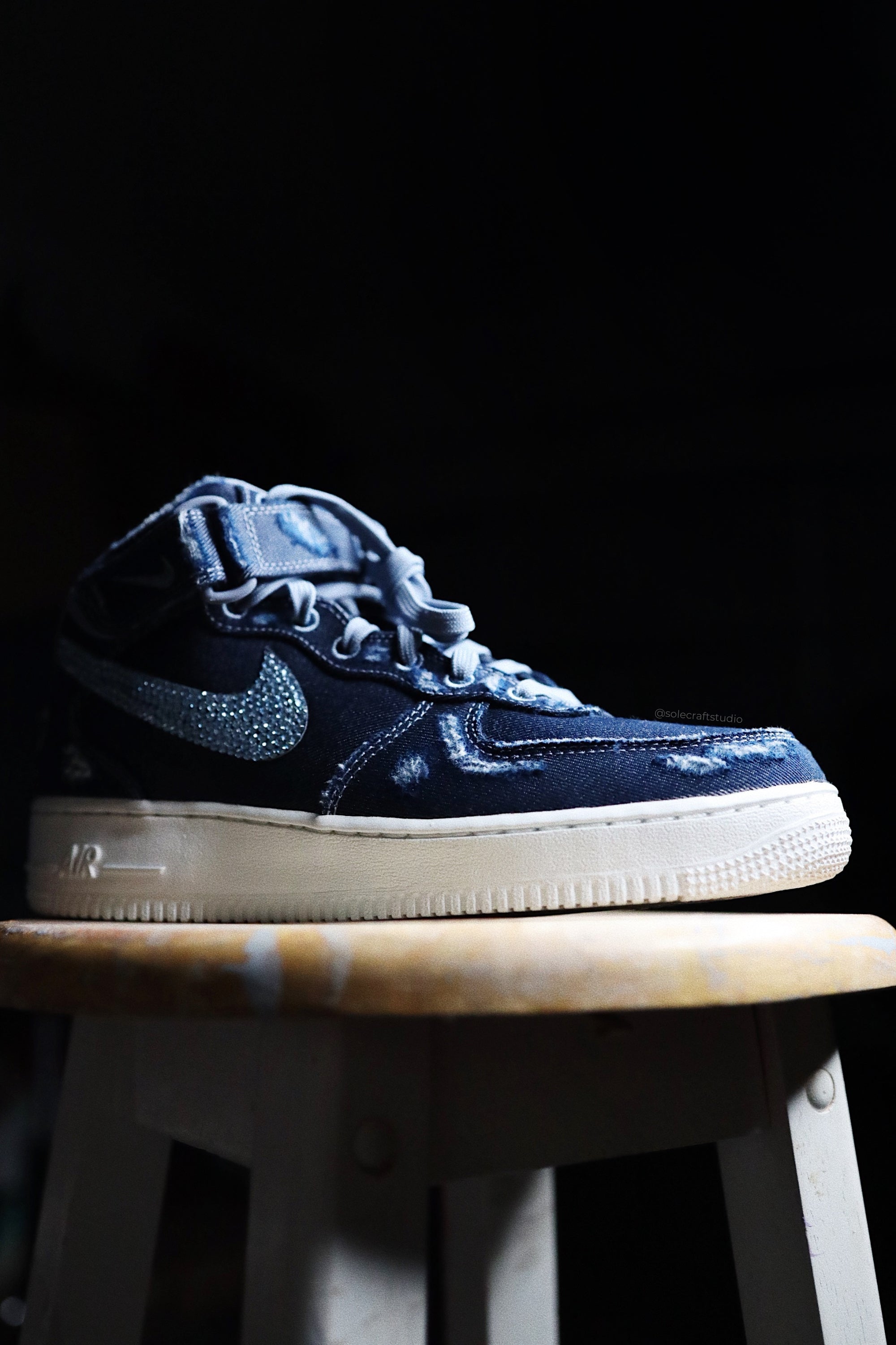 Distressed Denim Air Force 1 Mid Blue Custom Sneakers solecraftstudio